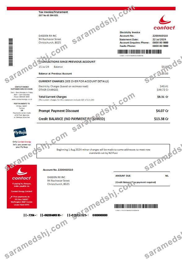 New Zealand Contact Energy proof of energy business utility bill  in Word and PDF formats